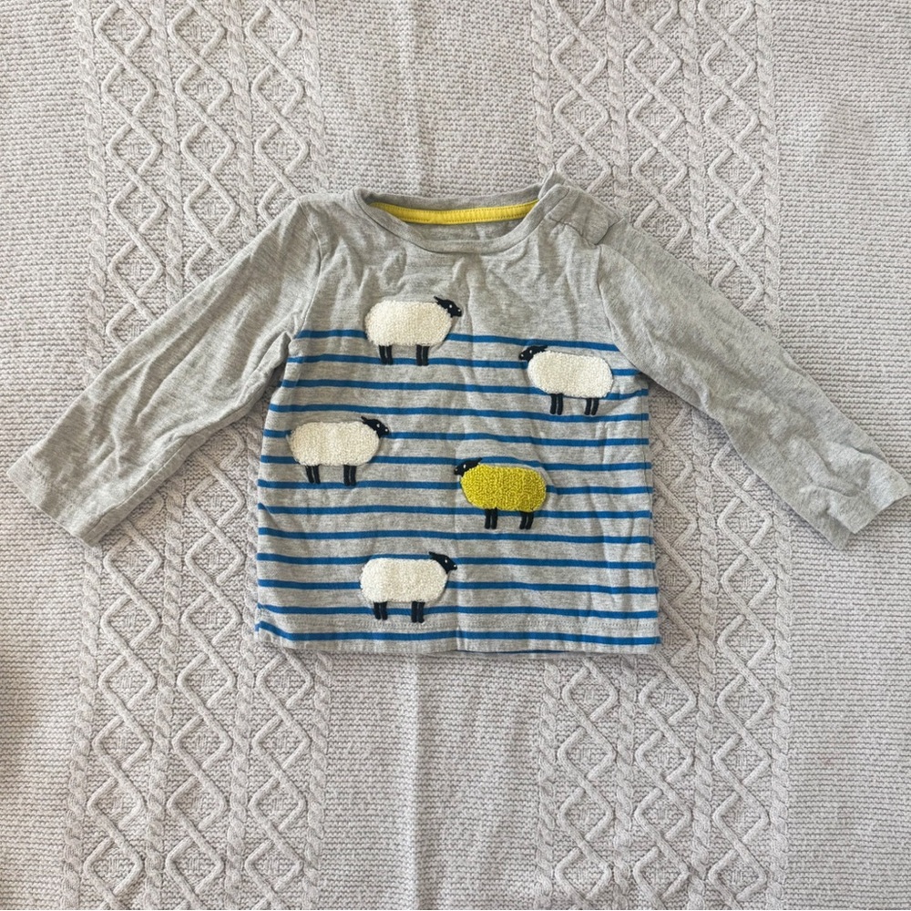 Baby Boden Gray Long Sleeve Baby Shirt with Blue Stripes and Sheep Appliqués